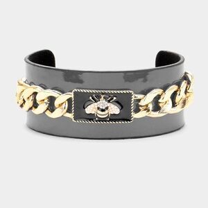 Pearl Honey Bee Gray Enamel Chain Cuff Bracelet